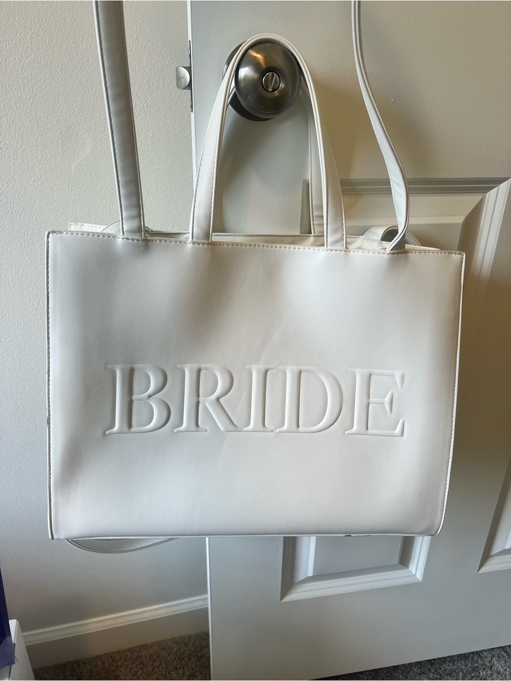 White 'Bride' Embossed Tote Bag β Elegant Bridal Tote